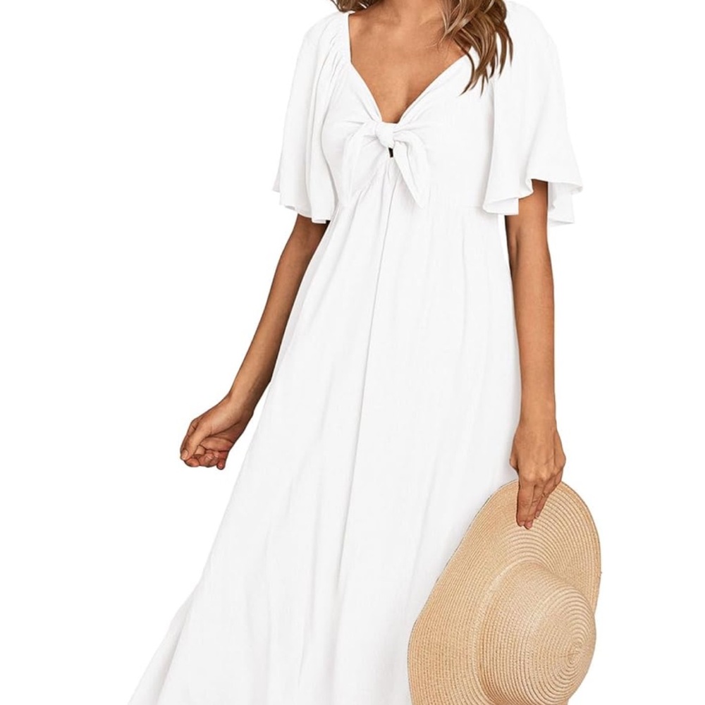 Short Sleeve Bow Tie V Neck Ruffle Midi Dress